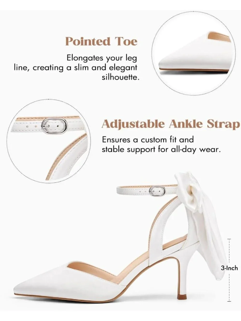 Women's White Closed Pointed Toe Pumps Bow Ankle Strap Kitten Wedding Heels Shoe